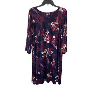 J. Jill Wearever Navy Floral 3/4 Sleeve Keyhole Back Shift Dress Large